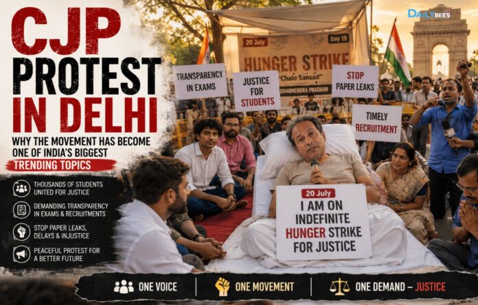 CJP Protest at Jantar Mantar Delhi Students protesting at Jantar Mantar during the CJP protest demanding examination transparency and recruitment reforms.