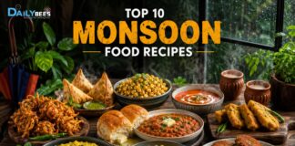 Top 10 Monsoon Food Recipes To Enjoy The Season Top 10 delicious Indian monsoon food recipes including onion pakoras, samosas, pav bhaji, tomato soup, khichdi, masala chai, bread pakora, vegetable cutlets, and masala corn served on a rainy day.