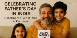 Happy Father’s Day 2025 – A daughter gifting a handmade card to her smiling father at home in India.
