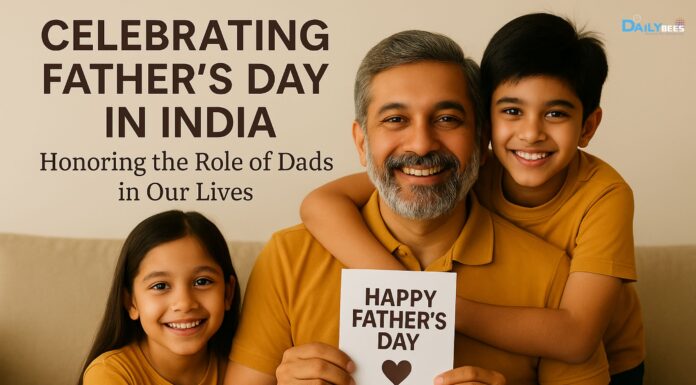 “Celebrating Father’s Day in India: Honoring the Role of Dads in Our Lives” Happy Father’s Day 2025 – A daughter gifting a handmade card to her smiling father at home in India.