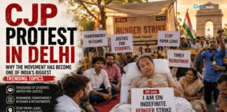 CJP Protest in Delhi Students protesting at Jantar Mantar during the CJP protest demanding examination transparency and recruitment reforms.