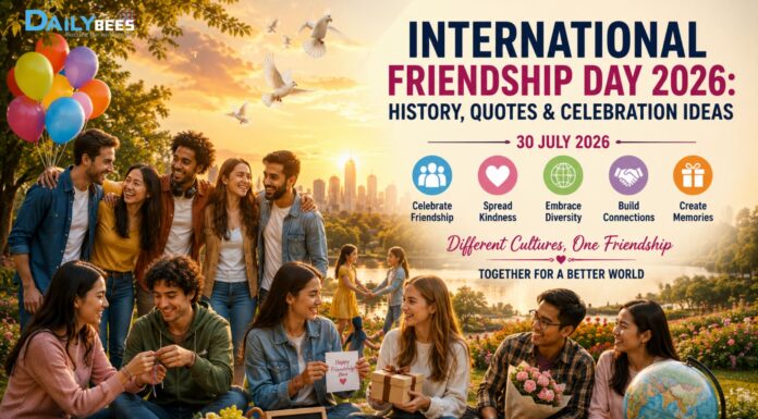 International Friendship Day 2026: History, Quotes & Ideas A diverse group of friends celebrating International Friendship Day together in a park, sharing laughter, hugs, and joyful moments.