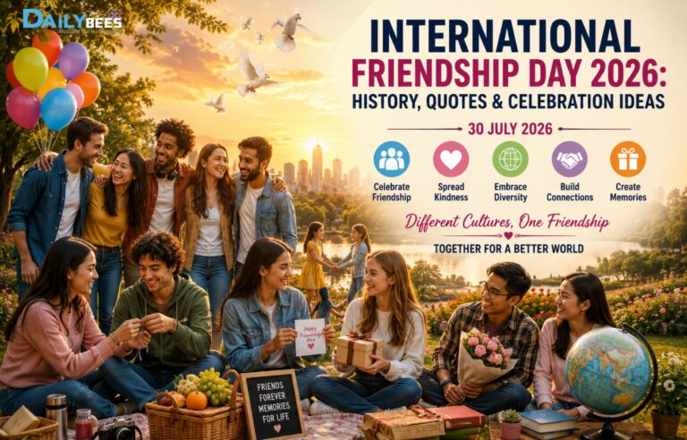 A diverse group of friends celebrating International Friendship Day together in a park, sharing laughter, hugs, and joyful moments.