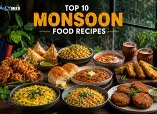 Top 10 Monsoon Food Recipes To Enjoy The Season Top 10 delicious Indian monsoon food recipes including onion pakoras, samosas, pav bhaji, tomato soup, khichdi, masala chai, bread pakora, vegetable cutlets, and masala corn served on a rainy day.