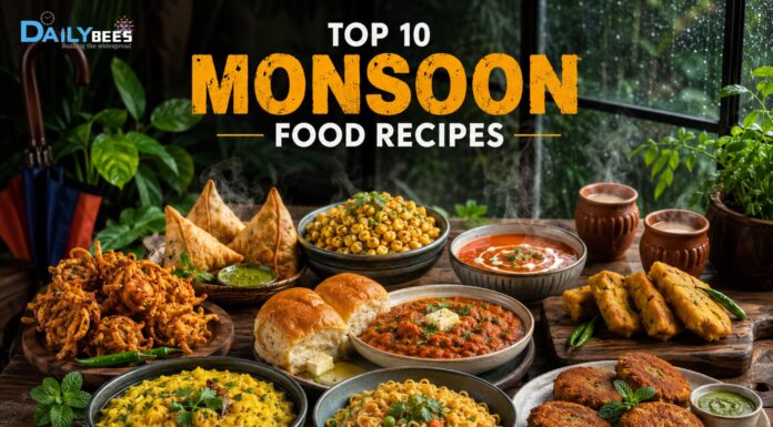 Top 10 Monsoon Food Recipes To Enjoy The Season Top 10 delicious Indian monsoon food recipes including onion pakoras, samosas, pav bhaji, tomato soup, khichdi, masala chai, bread pakora, vegetable cutlets, and masala corn served on a rainy day.