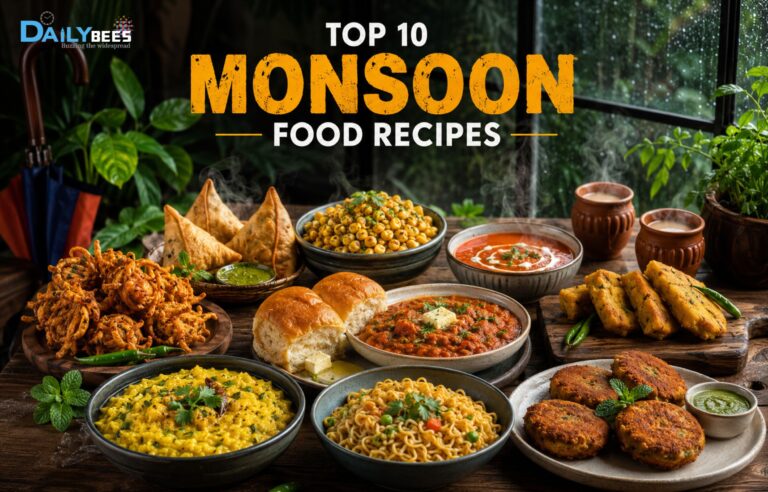 Top 10 delicious Indian monsoon food recipes including onion pakoras, samosas, pav bhaji, tomato soup, khichdi, masala chai, bread pakora, vegetable cutlets, and masala corn served on a rainy day.