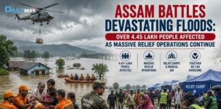 Assam Battles Devastating Floods: Over 4.45 Lakh People Affected as Massive Relief Operations Continue NDRF rescue teams evacuating flood-affected residents by boat in Assam as floodwaters inundate villages during the 2026 monsoon.