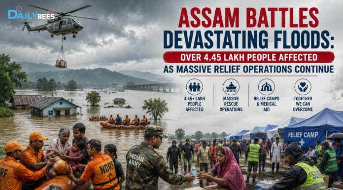 Assam Battles Devastating Floods: Over 4.45 Lakh People Affected as Massive Relief Operations Continue NDRF rescue teams evacuating flood-affected residents by boat in Assam as floodwaters inundate villages during the 2026 monsoon.