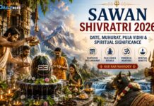 Sawan Shivratri: A Sacred Night of Devotion to Lord Shiva Devotees performing Rudrabhishek on a sacred Shivalinga during Sawan Shivratri with Bilva leaves, milk, flowers, and traditional temple decorations.