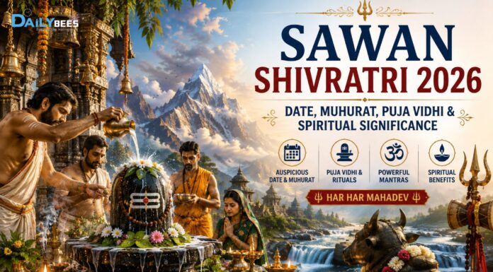 Sawan Shivratri: A Sacred Night of Devotion to Lord Shiva Devotees performing Rudrabhishek on a sacred Shivalinga during Sawan Shivratri with Bilva leaves, milk, flowers, and traditional temple decorations.