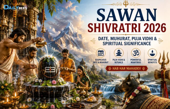 Sawan Shivratri 2026 Date, Muhurat, Puja Vidhi & Significance Devotees performing Rudrabhishek on a sacred Shivalinga during Sawan Shivratri with Bilva leaves, milk, flowers, and traditional temple decorations.